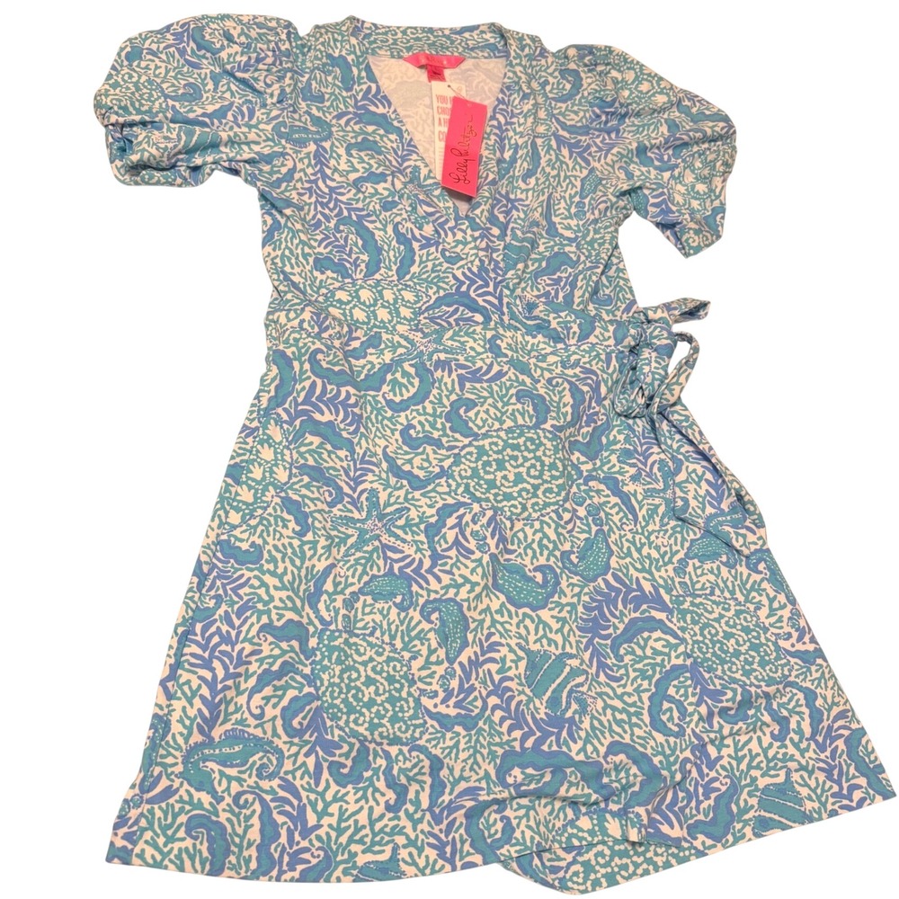 Lilly Pulitzer Womens Blue Coral Sea Life Wrap Romper Puff Sleeve Resort Large